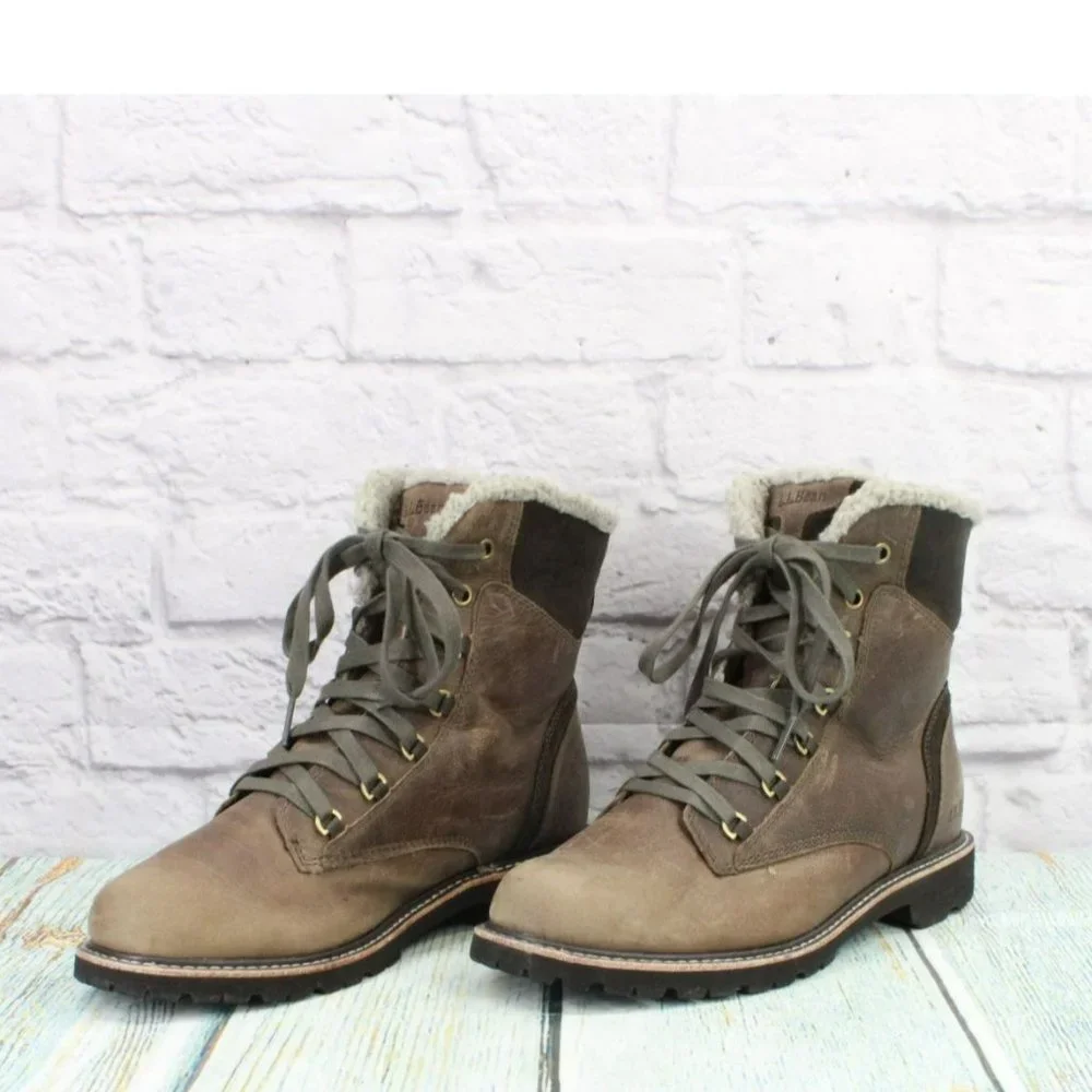 LL Bean Brown Leather Lace Up Rugged Fleece Lined Ankle Winter Boots Size 8.5 - Picture 2 of 9